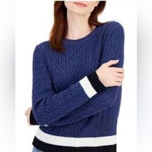 Tommy Hilfiger Women's Blue and White Cable-Knit Sweater 100% cotton
